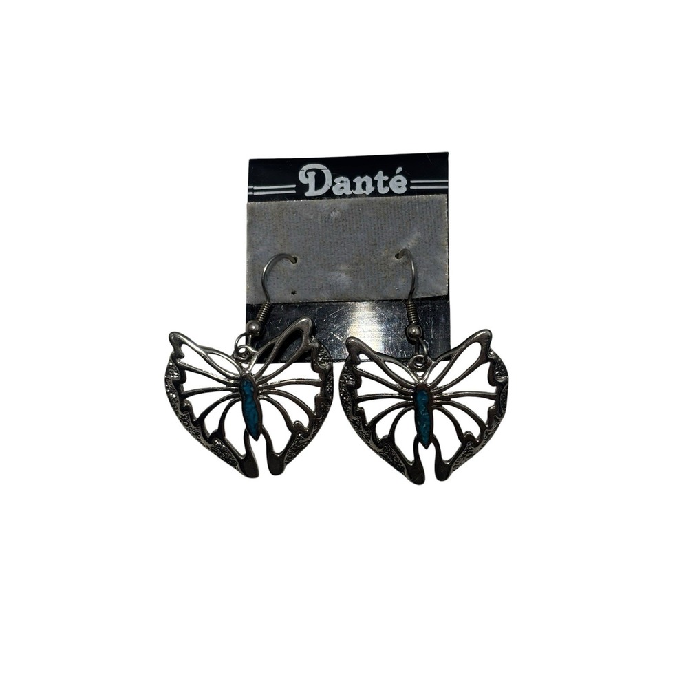 Vintage Dante Silver Tone Butterfly Faux Turquoise Inlay Pierced Dangle Earrings